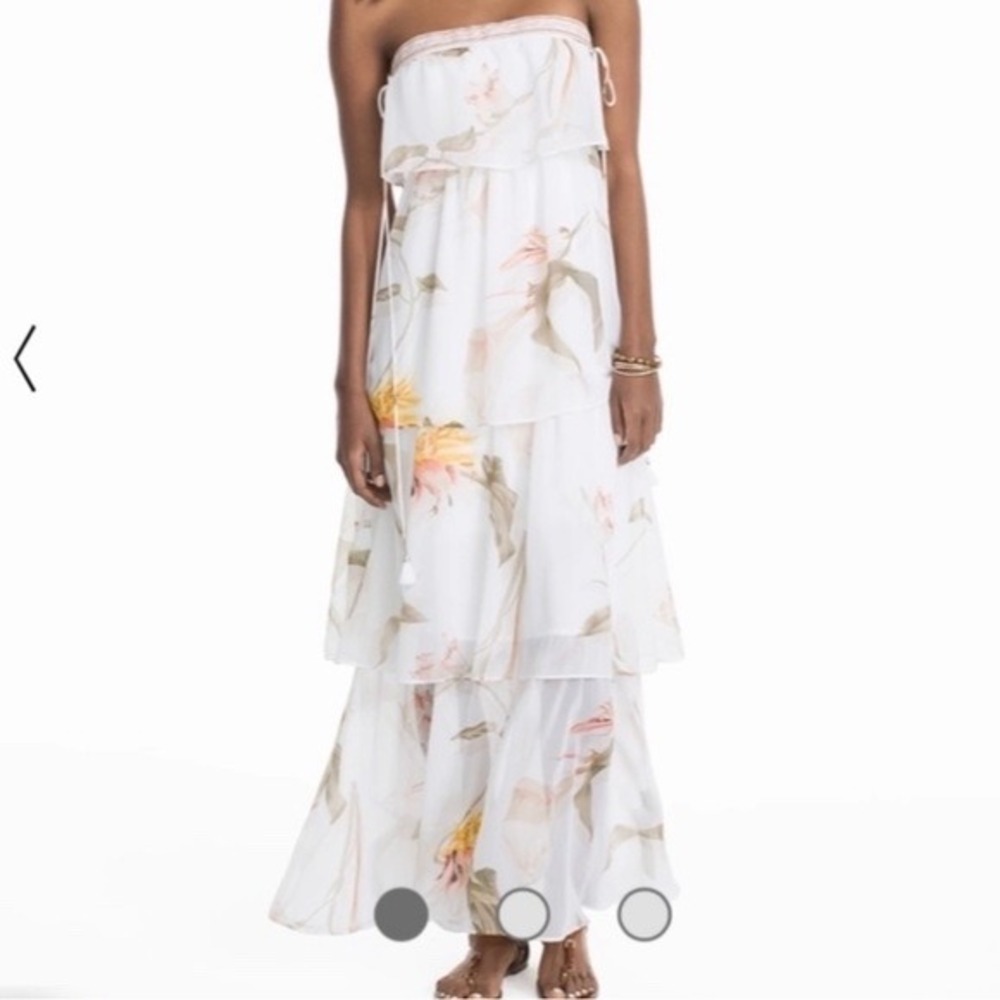 NWT White House Black Market Floral Tiered Strapless Maxi Dress Ecru Canary